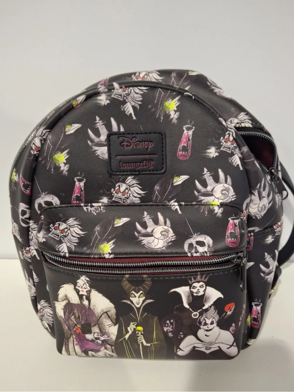 Loungefly Disney Villains Black Mini Backpack with Neon Accents